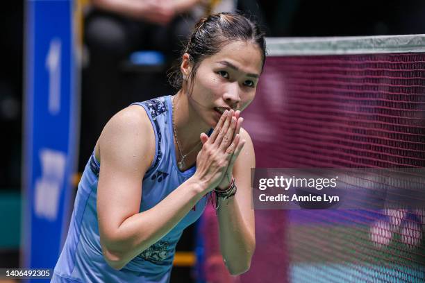 Ratchanok Intanon of Thailand celebrates her victory after winning the Women’s Singles Finals match against Chen Yu Fei of China on day six of the...