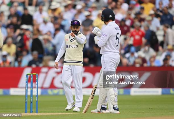 Virat Kohli of India exchanges words with Jonny Bairstow of England during Day Three of the Fifth LV= Insurance Test Match between England and India...