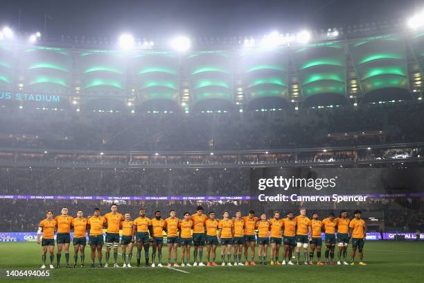 The Wallabies line up and sing the Australian national anthem during game one of the international test match series between the Australian Wallabies...