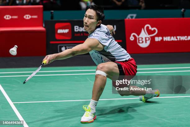Kento Momota of Japan competes in the Men’s Singles Finals match against Viktor Axelsen of Denmark on day six of the Petronas Malaysia Open at Axiata...