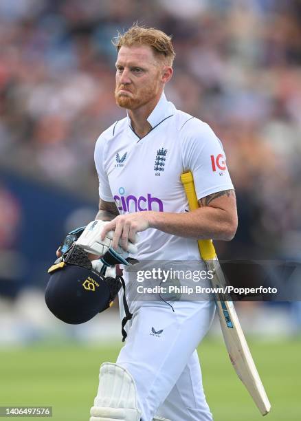 Ben Stokes of England leaves the field after being dismissed during the third day of the fifth Test between England and India at Edgbaston on July...
