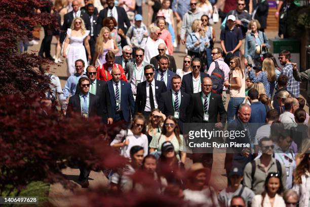 Roger Federer of Switzerland arrives on day seven of The Championships Wimbledon 2022 at All England Lawn Tennis and Croquet Club on July 03, 2022 in...