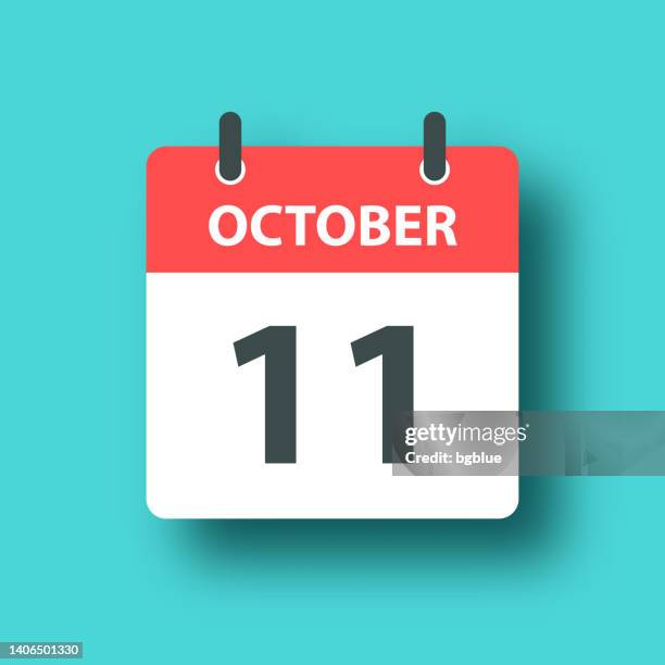 11. oktober - tageskalendersymbol auf blaugrünem hintergrund mit schatten - oktober stock-grafiken, -clipart, -cartoons und -symbole