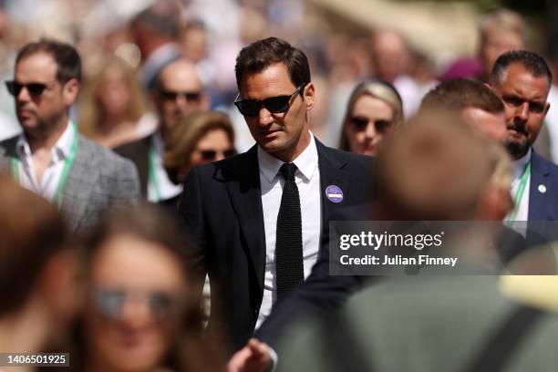 Roger Federer of Switzerland arrives on day seven of The Championships Wimbledon 2022 at All England Lawn Tennis and Croquet Club on July 03, 2022 in...