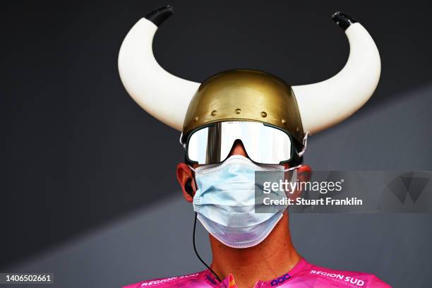 Rigoberto Uran Uran of Colombia and Team EF Education - Easypost in a viking costume during the team presentation prior to the 109th Tour de France...