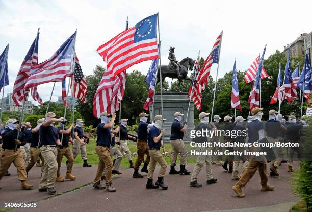 The white supremacist group, The Patriot Front marches thru the city of Boston on July 2, 2022 in , BOSTON, MA.