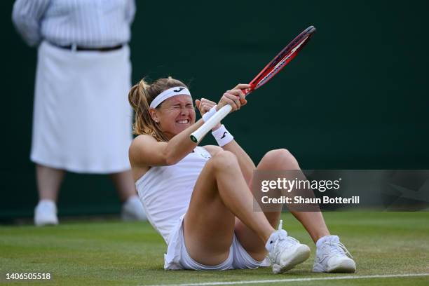 Marie Bouzkova of Czech Republic celebrates winning match point against Caroline Garcia of France during their Women's Singles Fourth Round match on...