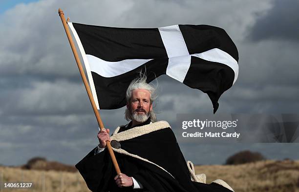 Local actor Colin Retallick plays the role of St Piran during the annual processional play to celebrate St Piran, patron saint of tinners and...