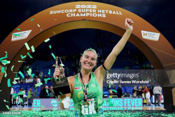 Courtney Bruce of the Fever celebrates with the winners trophy during the Super Netball Grand Final match between West Coast Fever and Melbourne...