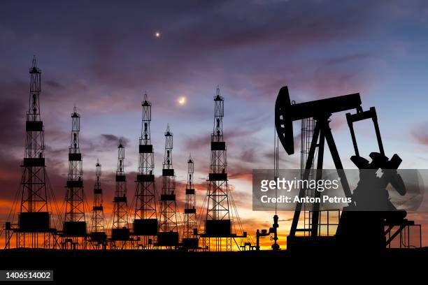 oil field with rigs and pumps at sunset. world oil industry - barrel stockfoto's en -beelden