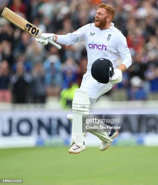 England batsman Jonny Bairstow celebrates his century during day two of the Fifth test match between England and India at Edgbaston on July 02, 2022...