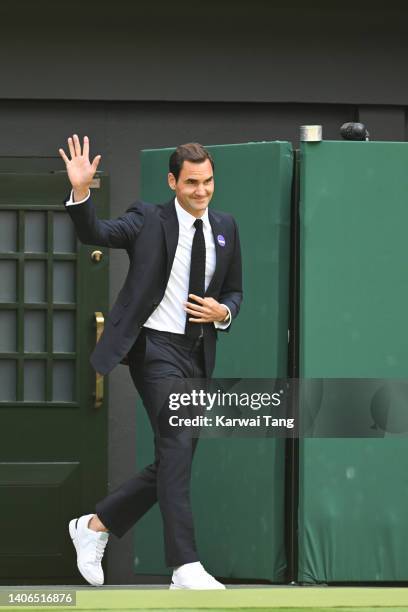 Roger Federer attends the Centre Court Centenary Celebration at the All England Lawn Tennis and Croquet Club on July 03, 2022 in London, England.