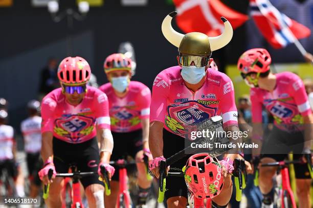 Rigoberto Uran Uran of Colombia and Team EF Education - Easypost in a viking costume during the team presentation prior to the 109th Tour de France...