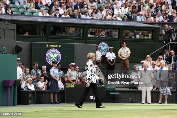 Former Tennis Player, Margaret Court walks out for the Centre Court Centenary Ceremony on day seven of The Championships Wimbledon 2022 at All...