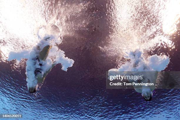 Maddison Keeney and Anabelle Smith of Team Australia compete in the Women's Synchronized 3m Springboard Final on day eight of the Budapest 2022 FINA...