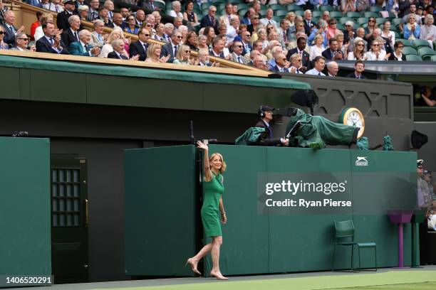 Former Tennis Player, Chris Evert acknowledges spectators at the Centre Court Centenary Celebration on day seven of The Championships Wimbledon 2022...