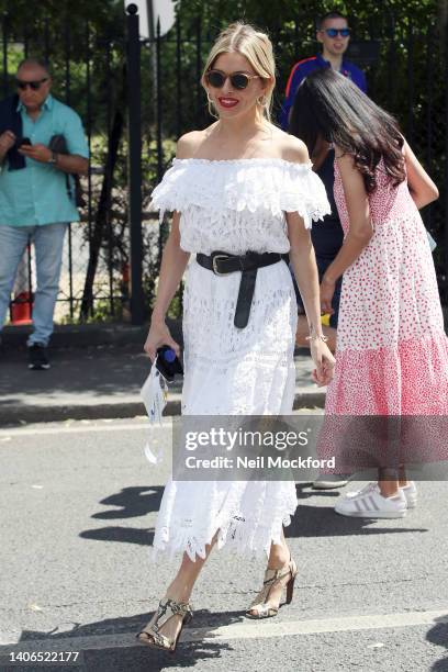 Sienna Miller arrives for Wimbledon 2022 Day 7 at All England Lawn Tennis and Croquet Club on July 03, 2022 in London, England.