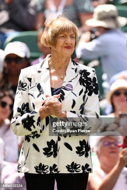 Former Tennis Player, Margaret Court looks on during the Centre Court Centenary Ceremony on day seven of The Championships Wimbledon 2022 at All...