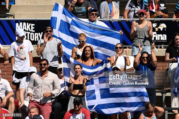 Fans of Team Greece show their support during the Men's Water Polo Bronze Medal Match between Greece and Croatia on day 14 of the Budapest 2022 FINA...