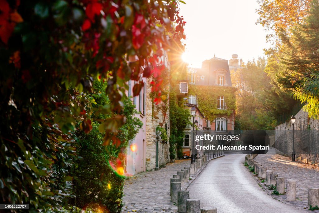 Sun shining through the trees on idyllic street in Montmartre, Paris, France