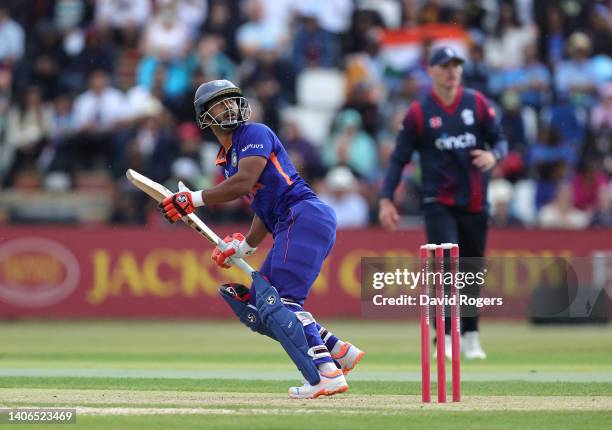 Rahul Tripathi of India skies the ball and is caught during the T20 Tour match between Northamptonshire and India at The County Ground on July 03,...