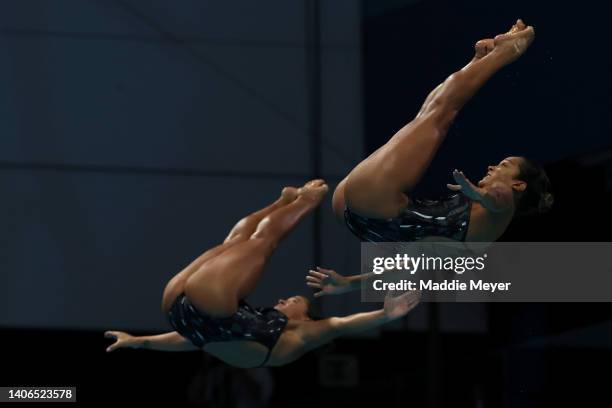 Diana Isabel Pineda Zuleta and Daniela Zapata Correa of Team Colombia compete in the Women's Synchronized 3m Springboard Final on day eight of the...