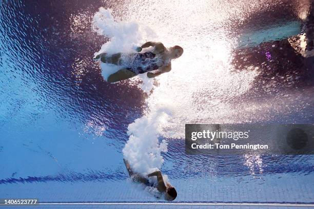 Diana Isabel Pineda Zuleta and Daniela Zapata Correa of Team Colombia compete in the Women's Synchronized 3m Springboard Final on day eight of the...