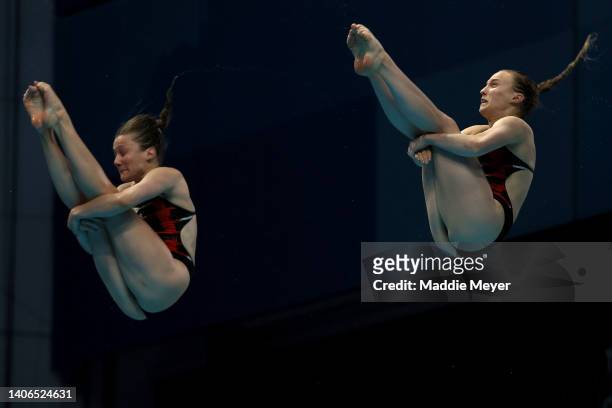 Lena Hentschel and Tina Punzel of Team Germany compete in the Women's Synchronized 3m Springboard Final on day eight of the Budapest 2022 FINA World...