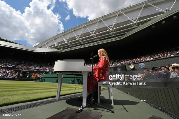 Freya Ridings performs at the Centre Court Centenary Celebration at the All England Lawn Tennis and Croquet Club on July 03, 2022 in London, England.