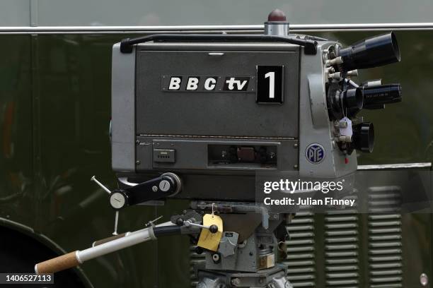 Detail view of a BBC TV camera, used 100 years ago, displayed as part of the Centre Court Centenary Ceremony on day seven of The Championships...