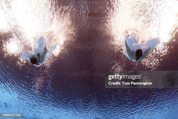 Lena Hentschel and Tina Punzel of Team Germany compete in the Women's Synchronized 3m Springboard Final on day eight of the Budapest 2022 FINA World...