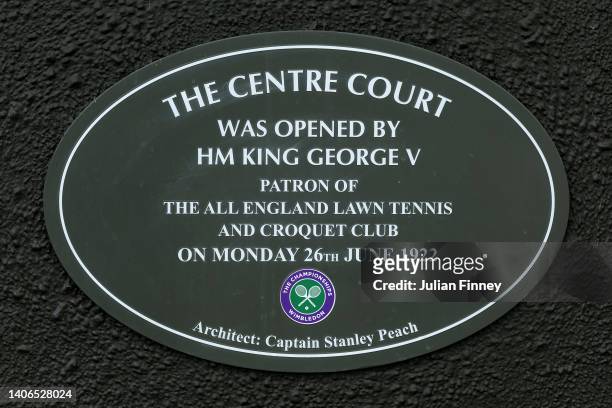Detail view of a plaque displayed on Centre Court, detailing it's opening 100 years ago, part of the Centre Court Centenary Celebrations on day seven...