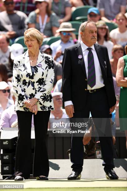 Former Wimbledon Champions, Margaret Court and John Newcombe look on during the Centre Court Centenary Ceremony on day seven of The Championships...