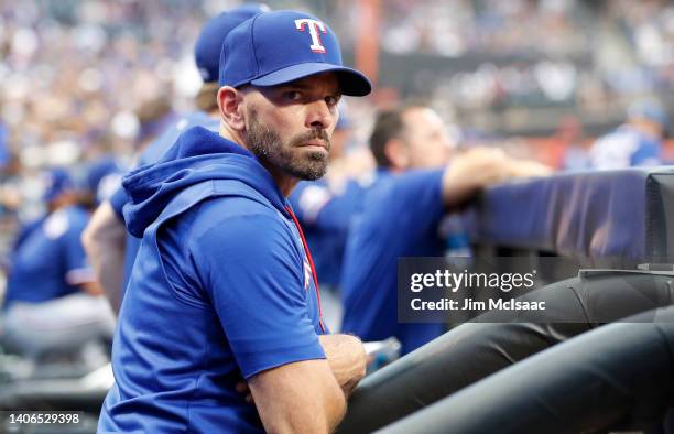 Manager Chris Woodward of the Texas Rangers looks on against the New York Mets at Citi Field on July 01, 2022 in New York City. The Mets defeated the...