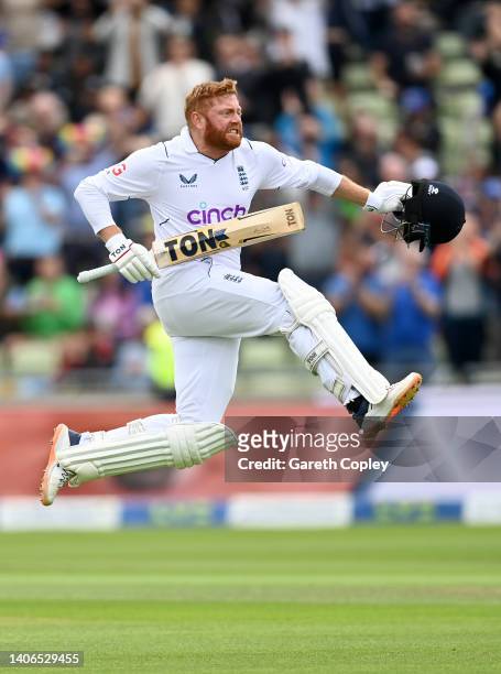 Jonathan Bairstow of England celebrates reaching his century during day three of Fifth LV= Insurance Test Match between England and India at...