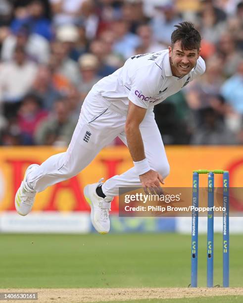 James Anderson of England bowls during the third day of the fifth Test between England and India at Edgbaston on July 03, 2022 in Birmingham, England.