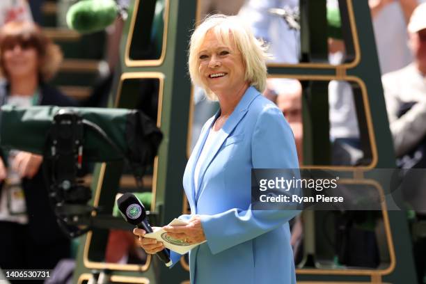Presenter of the Centre Court Centenary Ceremony, BBC Presenter & Former Tennis Player, Sue Barker smiles on day seven of The Championships Wimbledon...