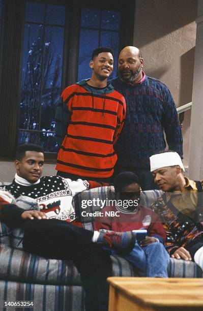 Christmas Show" Episode 13 -- Pictured: Back: Will Smith as William 'Will' Smith, James Avery as Philip Banks; Front: Alfonso Ribeiro as Carlton...