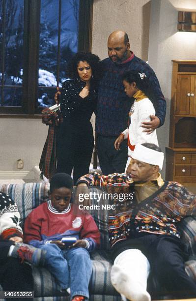 Christmas Show" Episode 13 -- Pictured: Back: Karyn Parsons as Hilary Banks, James Avery as Philip Banks, Tatyana Ali as Ashley Banks; Front: Ahmad...