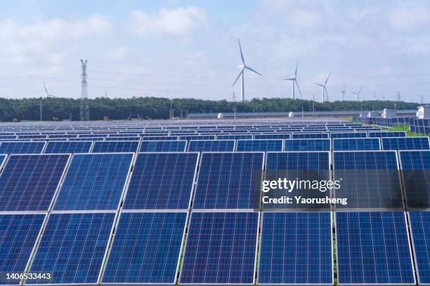 solar power stations above the lake and  wind turbines plant,blue sky,new green energy concept photo - nantong stock pictures, royalty-free photos & images