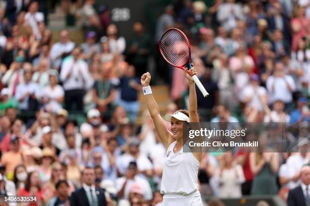 Tatjana Maria of Germany celebrates winning against Jelena Ostapenko of Latvia during their Women's Singles Fourth Round match on day seven of The...