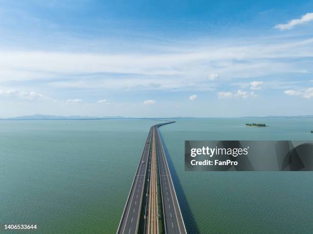 long road bridge over lake - beach bird's eye perspective stock pictures, royalty-free photos & images