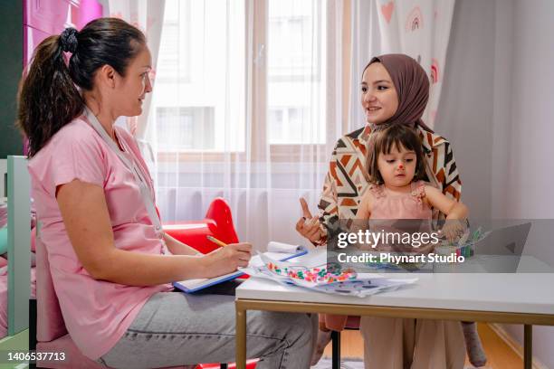 ein kinderpsychologe spieltherapeut färbt mit einem mädchen und seiner mutter während einer spieltherapie - family therapy stock-fotos und bilder