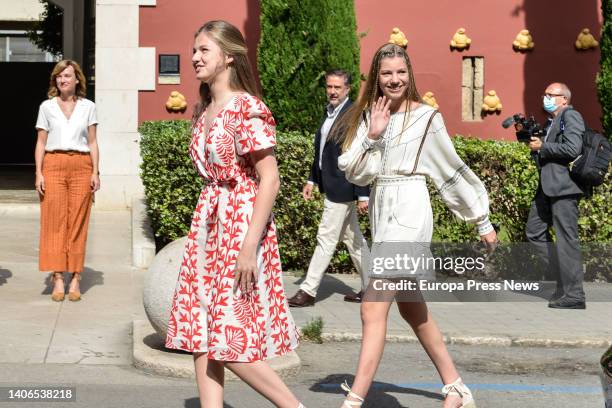 Princess Leonor and Infanta Sofia wave upon arrival at the Dali theater museum in Figueres, July 3 in Figueres, Girona, Catalonia, Spain. Princess...