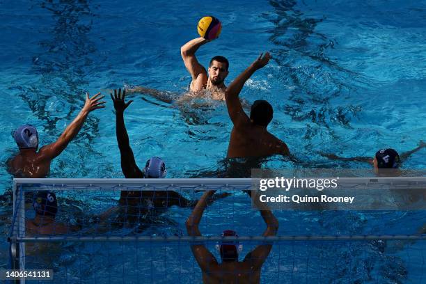 Marko Radulovic of Team Serbia controls the ball during the Men's Water Polo Classification 5th-6th Place Match between the United States and Serbia...