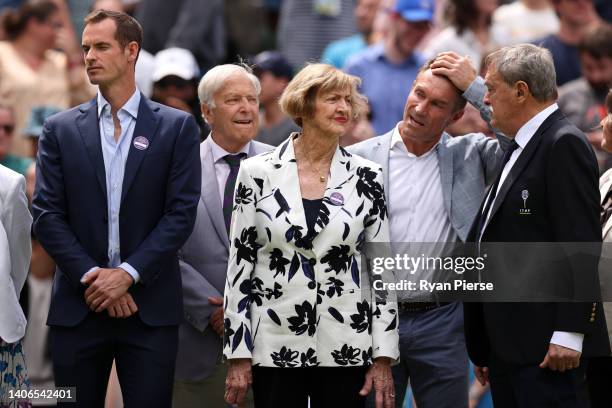 Former Wimbledon Champions, Andy Murray, Jan Kodes, Margaret Court, Pat Cash and John Newcombe look on during the Centre Court Centenary Ceremony on...