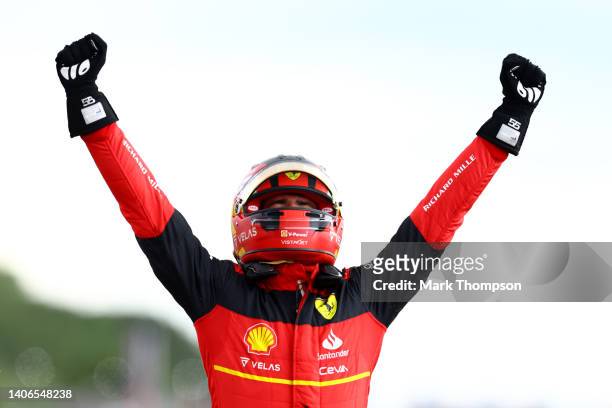 Race winner Carlos Sainz of Spain and Ferrari celebrates in parc ferme during the F1 Grand Prix of Great Britain at Silverstone on July 03, 2022 in...