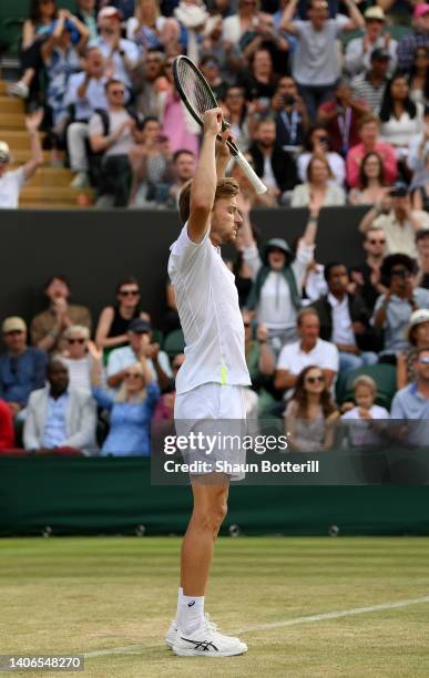 David Goffin of Belgium celebrates winning match point against Frances Tiafoe of United States of America during their Men's Singles Fourth Round...