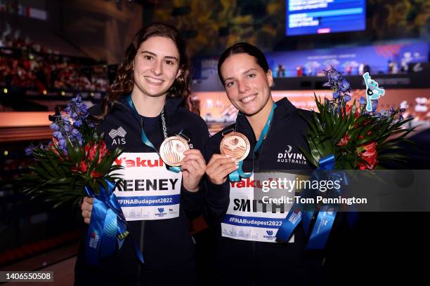 Bronze medalists Maddison Keeney and Anabelle Smith of Team Australia pose during the medal ceremony for the Women's Synchronized 3m Springboard...