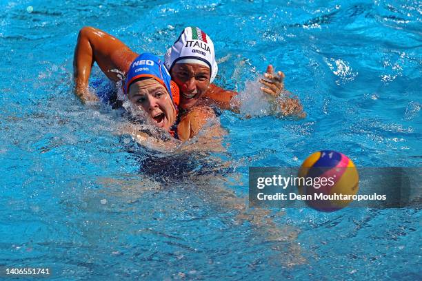 Vivian Sevenich of Team Netherlands attempts to fend off her opponent Roberta Bianconi of Italy during the Women's Water Polo Bronze Medal match...